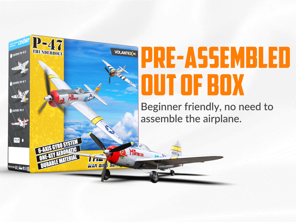 VOLANTEXRC P47 Thunderbolt RC Plane RTF - 4CH Warbird with Gyro & Dual-Alarms (2 Batteries)