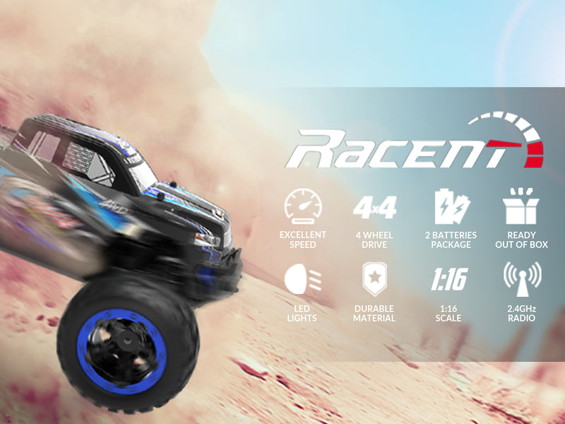 Racent Crossy Remote Control 4x4 RC Truck 1/16 Scale 30mph Fast High Speed 4WD Off Road （With Red Car Shell）