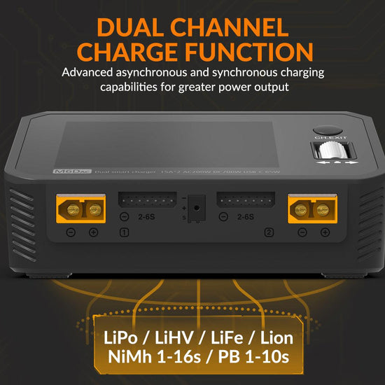 SUPULSE M6DAC Dual Battery Balance Charger AC200W,1-6S LiPo/LiHV/LiFe/LiIon,1-10S PB,1-16S NiMh,65W Fast Charging-EXHOBBY LIMITED.