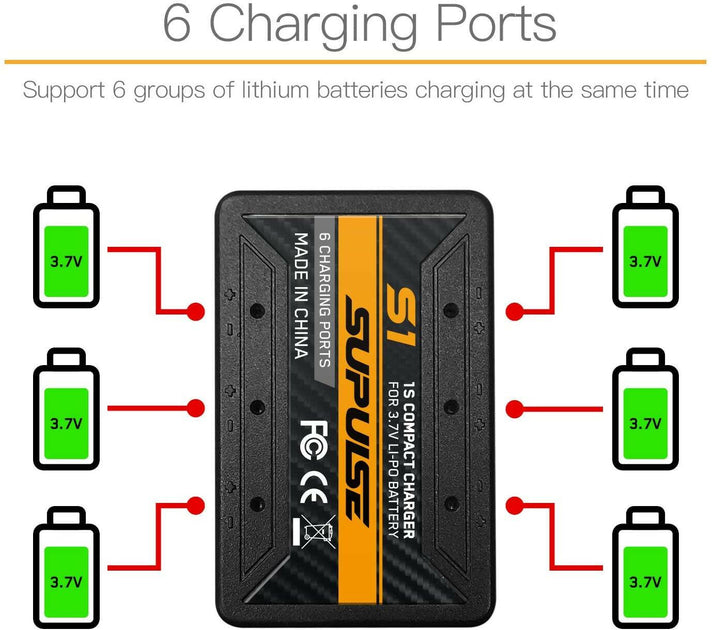 SUPULSE 6-in-1 Lipo Battery Charger 3.7V 1S 1 Cell Micro 6 Ports Compact Charger (S1) - EXHOBBY